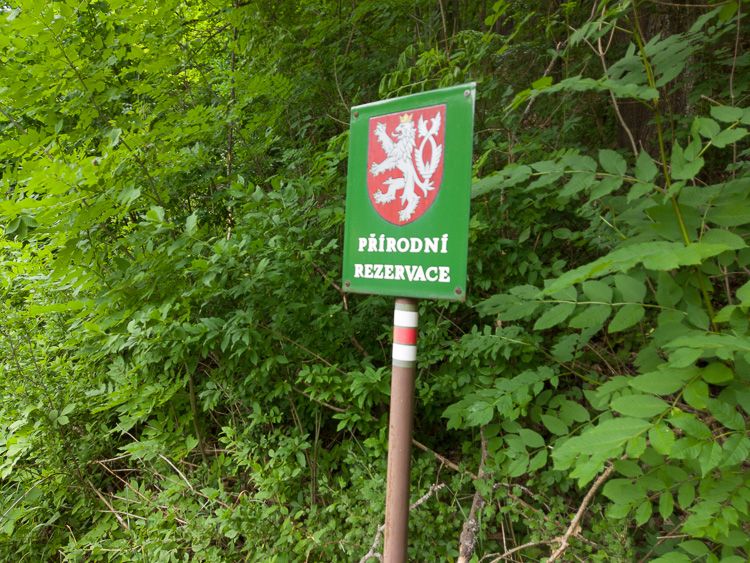 Beim Naturreservat treffen wir auf das Symbol des Böhmischen Löwen. Er ist auch im Wanderschild der Goldenen Straße.