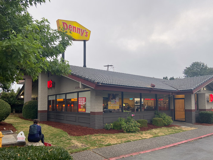Hunger wakes us the next morning. Luckily, there is Denny's.
